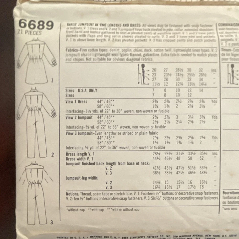 Simplicity‎ 6689 Vintage 1984 Girls Jumpsuit and Dress Sewing Pattern Size 12